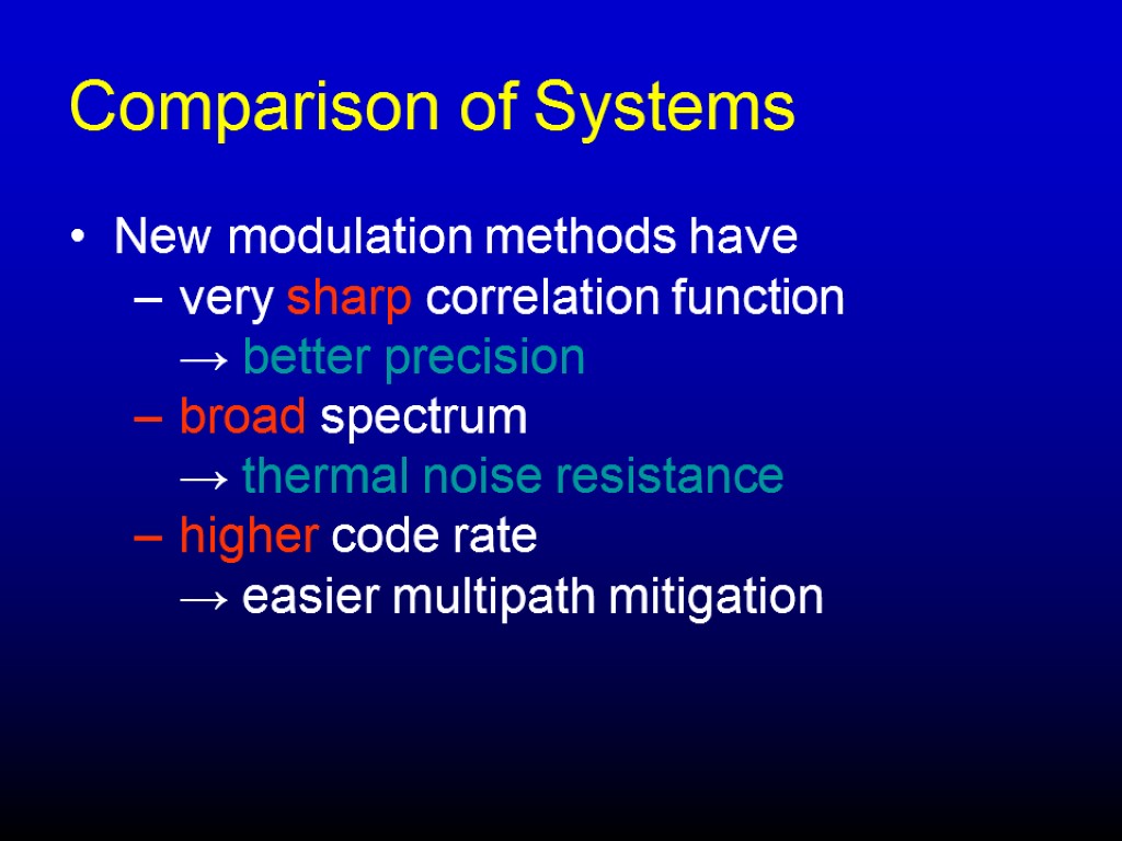 Comparison of Systems New modulation methods have very sharp correlation function → better precision